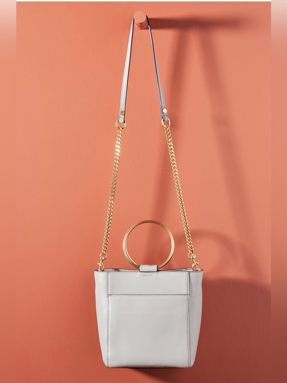 Thacker Le Bucket Crossbody Bag Purse Handbag Ring Handles Light Grey Gray